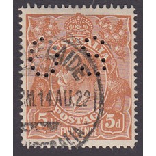Australian    King George V    5d Chestnut   Single Crown WMK  Single Line Perf  Perf O.S. Plate Variety 1R3